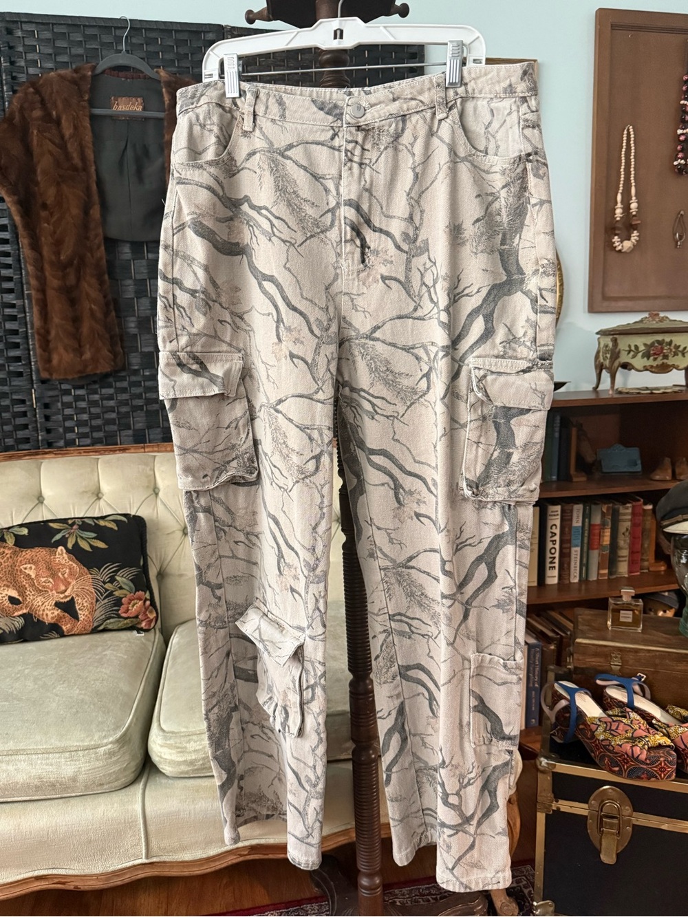 🌲 Riley & James Tree Camo Cargo Wide Leg Pants Utility Grunge Outdoorcore Sz L